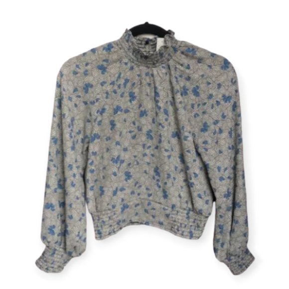 NWT Cropped Blue black white Floral Mock Neck Blouse Sienna Sky Women's Small - Picture 1 of 12